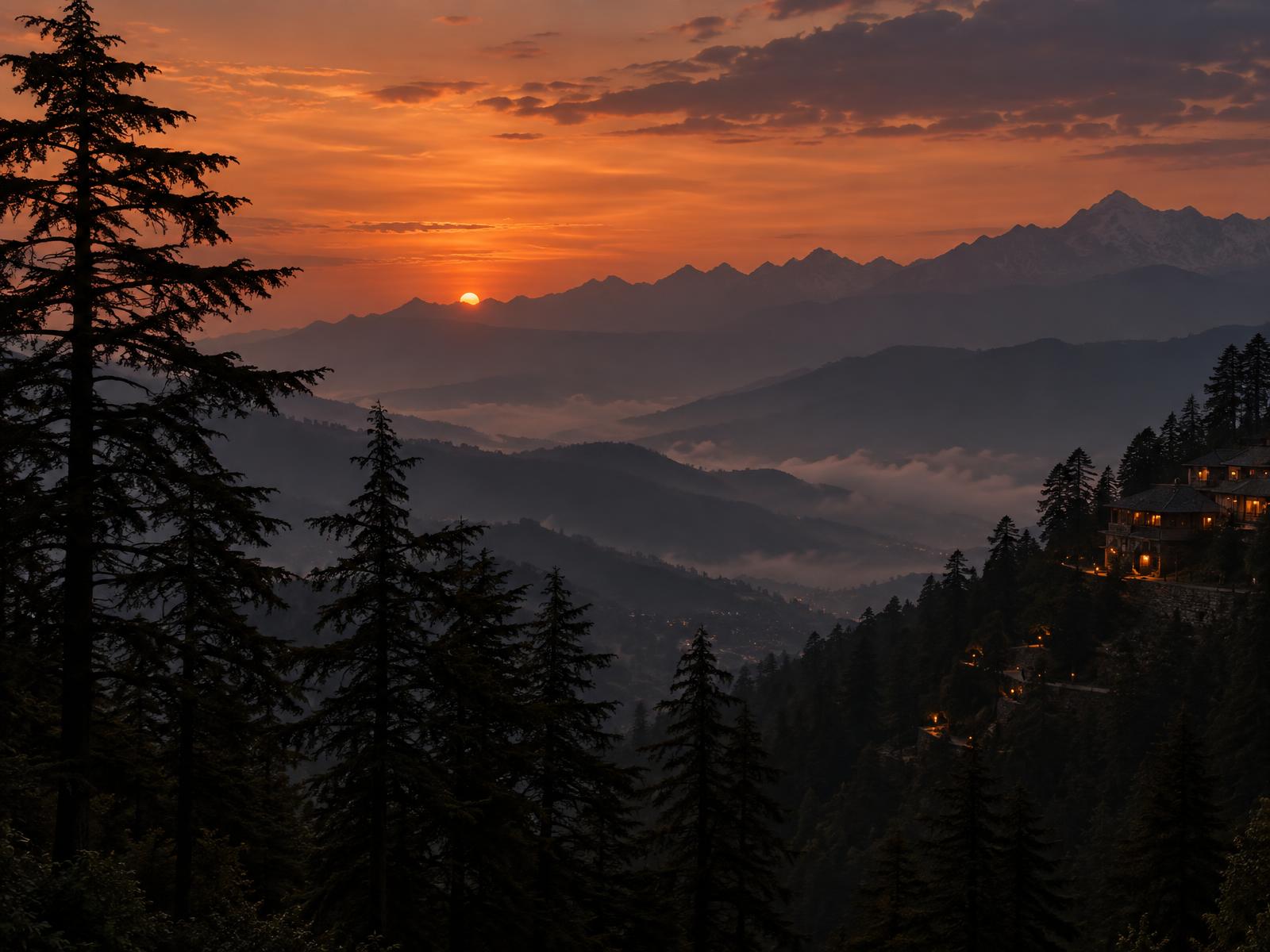 Sunset over Himalayan ridges and a warm-lit mountain retreat in Uttarakhand